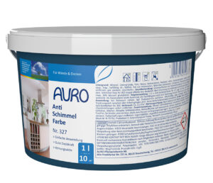 AURO Anti-Schimmel-Farbe Nr. 327 im 1-Liter-Gebinde, weiß, mit Etikett und Sicherheitshinweisen