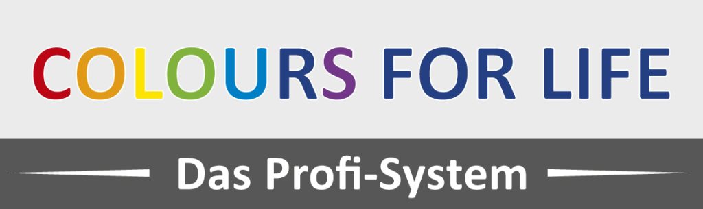 AURO Naturfarben - Rechteckiges COLOURS FOR LIFE Logo mit Schriftzug ‚Das Profi-System‘