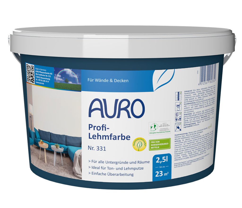 AURO Profi-Lehmfarbe Nr. 331 im 2,5 Liter Gebinde, mit Produktlabel und REPLEBIN®-Siegel
