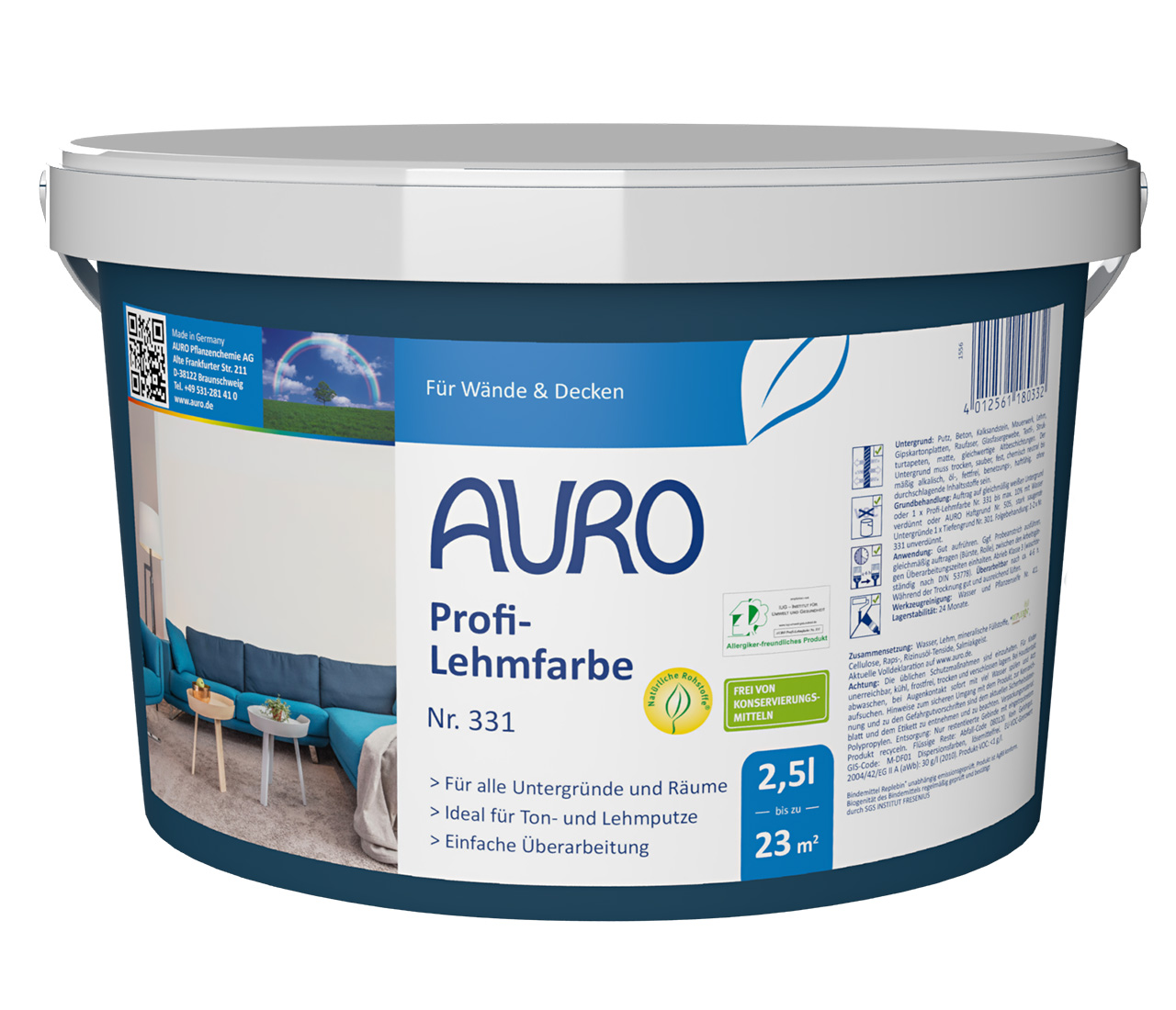 AURO Profi-Lehmfarbe Nr. 331 im 2,5 Liter Gebinde, mit Produktlabel und REPLEBIN®-Siegel