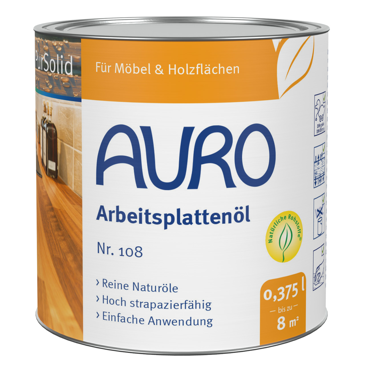 0,375 Liter AURO Arbeitsplattenöl Nr. 108, lösemittelfrei, mit Naturfarben-Siegel auf Etikett.