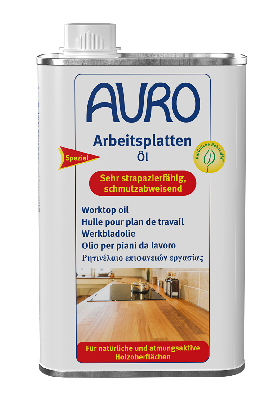 0,5 Liter AURO Arbeitsplattenöl Nr. 108, lösemittelfrei, mit Naturfarben-Siegel auf dem Etikett.