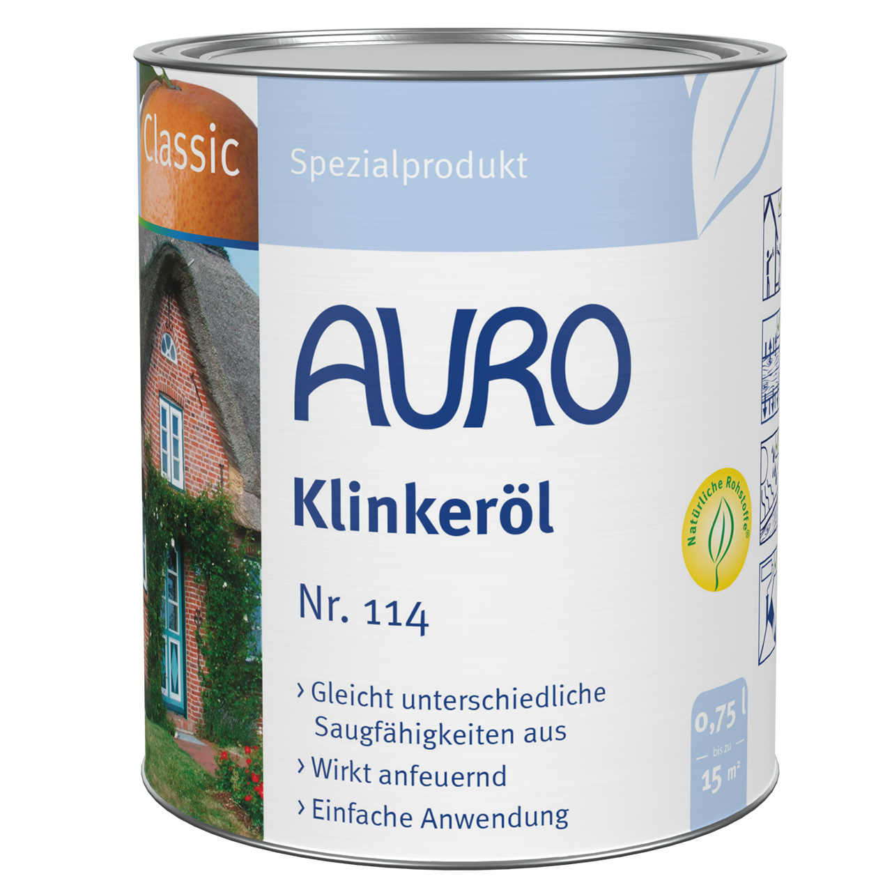 0,75-Liter-Dose AURO Klinkeröl Nr. 114 mit Bio-Label, klarer Aufdruck und anfeuernder Schutz für Klinker.