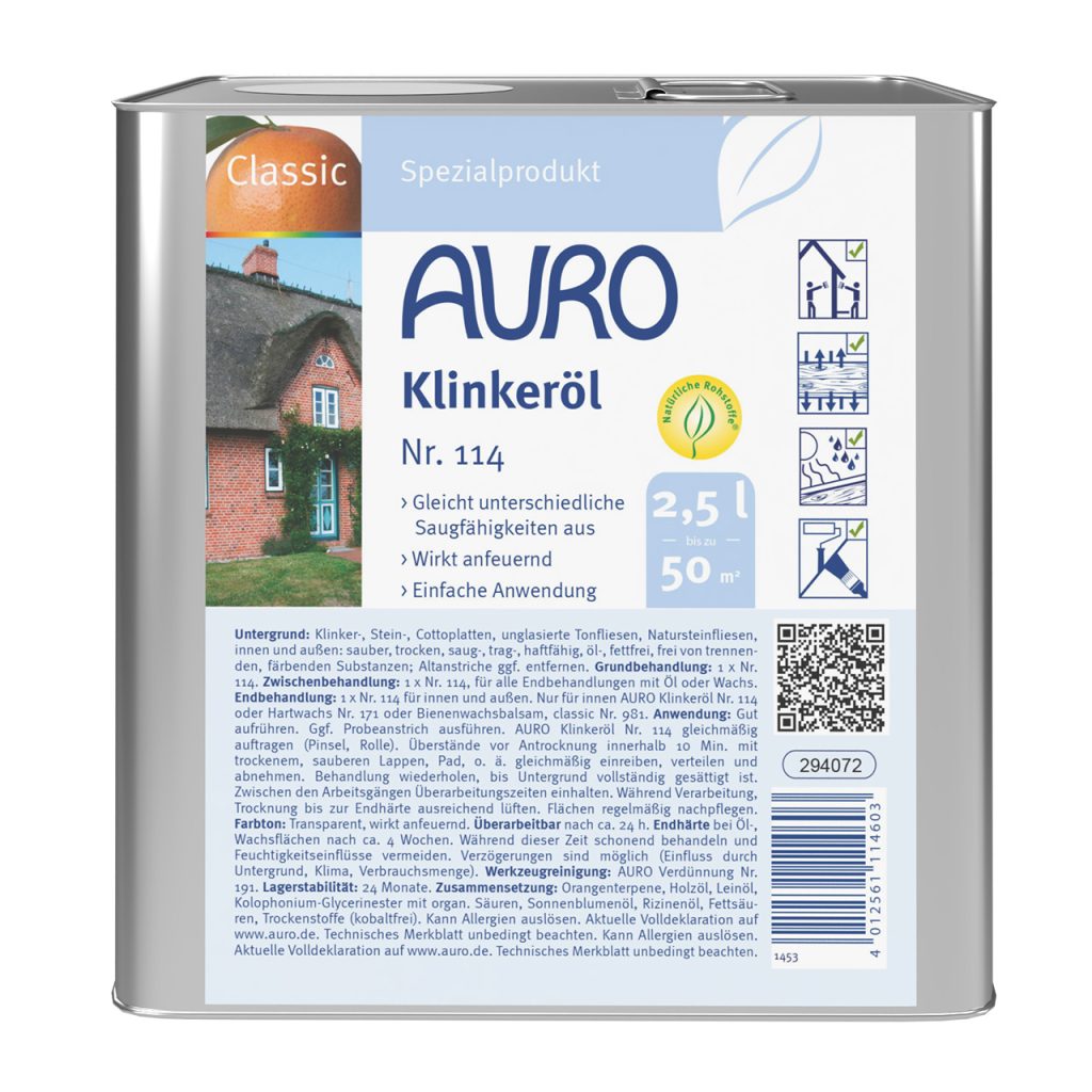2,5-Liter-Kanister AURO Klinkeröl Nr. 114 mit Bio-Label, großem Aufdruck und offenporigem Schutz für Klinker.