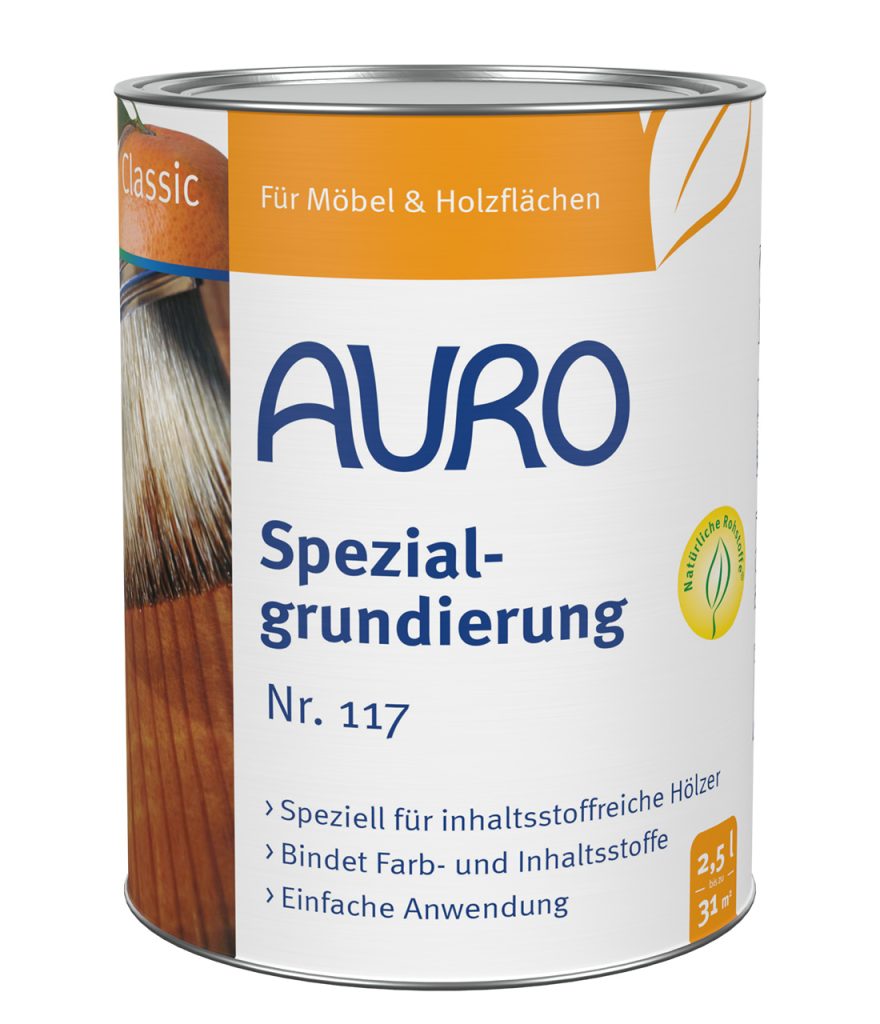 AURO Spezialgrundierung Nr. 117, 2,5 Liter Dose, emissionsgeprüft, Naturfarben, Holzgrundierung.