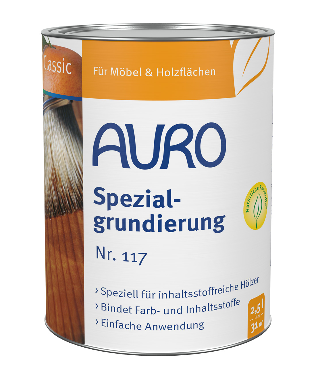 AURO Spezialgrundierung Nr. 117, 2,5 Liter Dose, emissionsgeprüft, Naturfarben, Holzgrundierung.