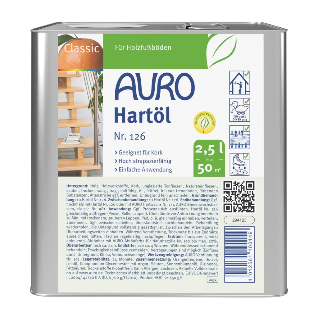 AURO Hartöl Nr. 126 im 2,5 Liter Kanister, naturfarben, für Holzpflege und Grundierung.
