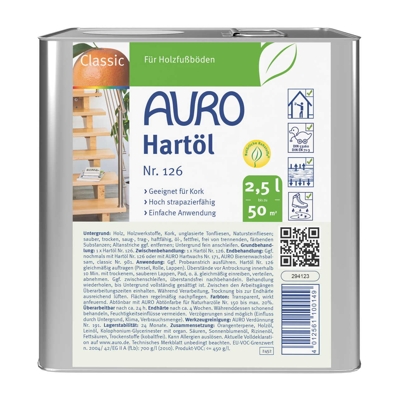 AURO Hartöl Nr. 126 im 2,5 Liter Kanister, naturfarben, für Holzpflege und Grundierung.