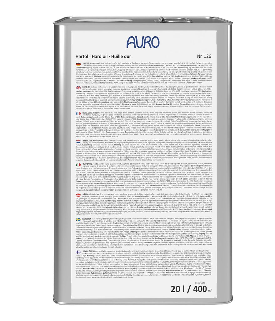 AURO Hartöl Nr. 126 im 20 Liter Kanister, naturfarben, für professionelle Holzpflege.