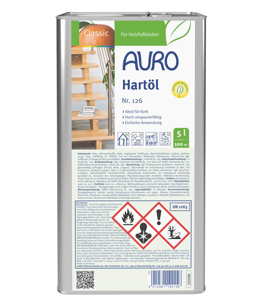 AURO Hartöl Nr. 126, naturfarben, 5 Liter Kanister, für Innenbereiche und Holzschutz.