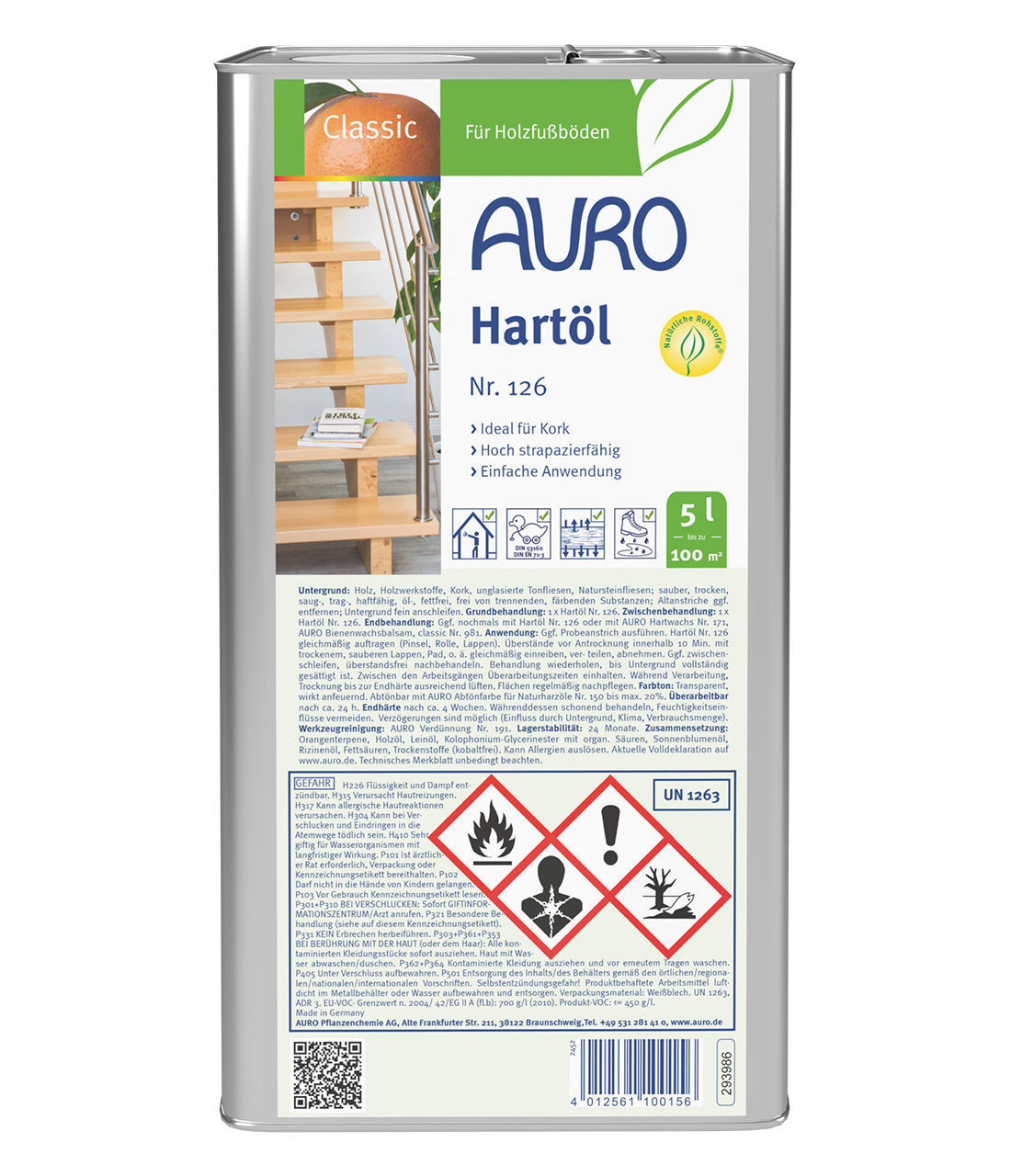 AURO Hartöl Nr. 126, naturfarben, 5 Liter Kanister, für Innenbereiche und Holzschutz.