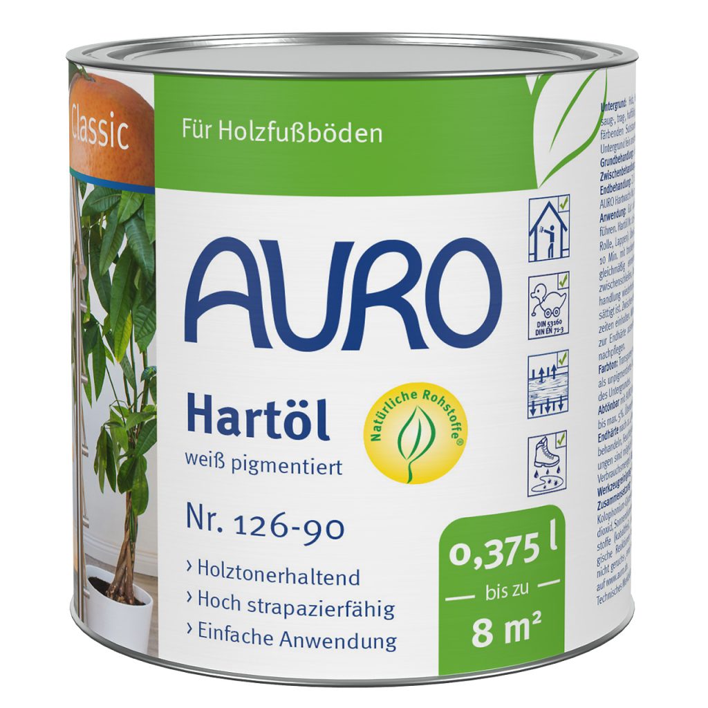 AURO Hartöl Nr. 126-90, 0,375 Liter Dose, weiß pigmentiert, Bio-Siegel, für helle Holzoberflächen.