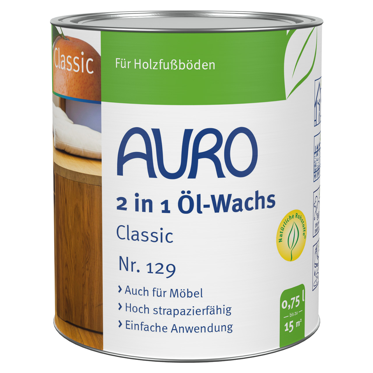 AURO 2 in 1 Öl-Wachs Classic Nr. 129, 0,75 Liter Dose, naturfarben, Profi-Holzschutz.