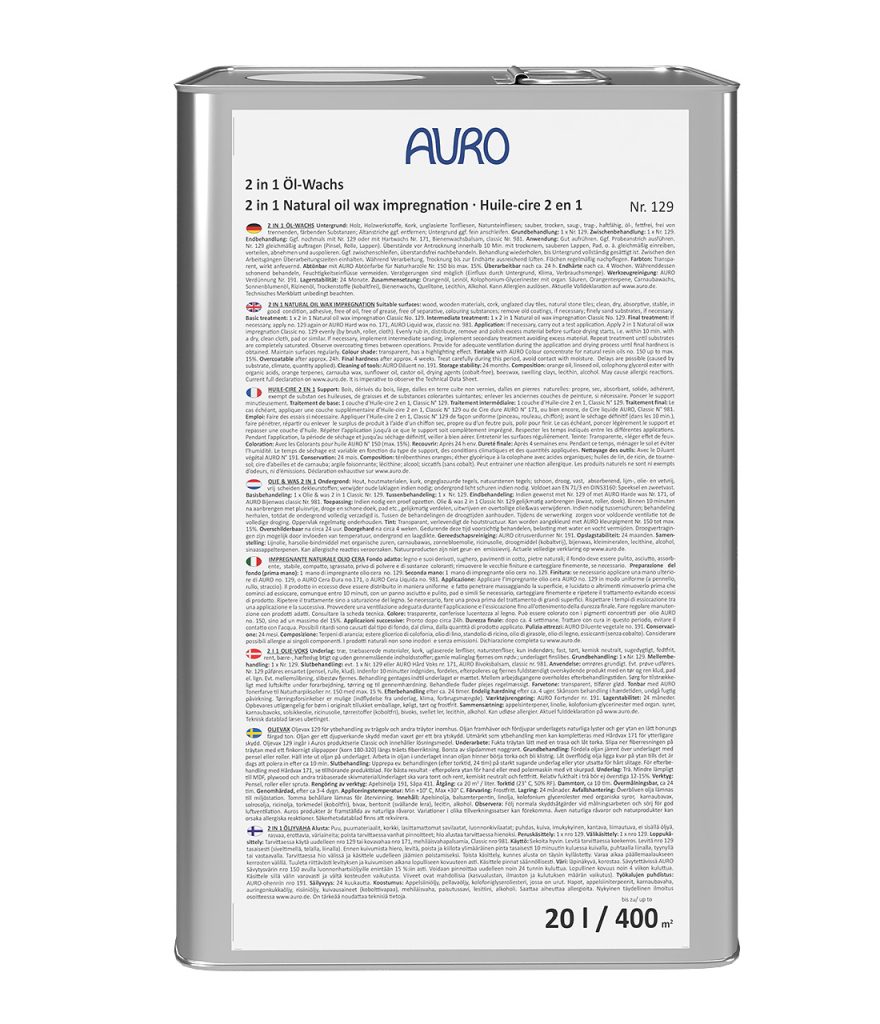 AURO 2 in 1 Öl-Wachs Classic Nr. 129, 10 Liter Kanister, naturfarben, Holzschutz für Profis.