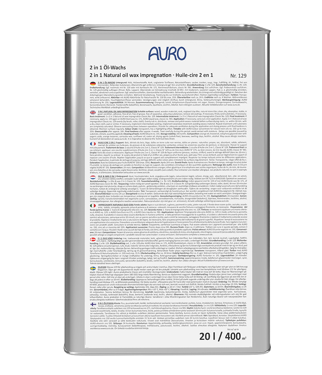 AURO 2 in 1 Öl-Wachs Classic Nr. 129, 10 Liter Kanister, naturfarben, Holzschutz für Profis.