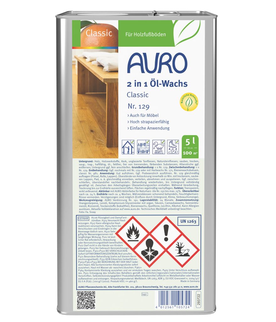 AURO 2 in 1 Öl-Wachs Classic Nr. 129, 5 Liter Kanister, naturfarben, industrielle Holzpflege.