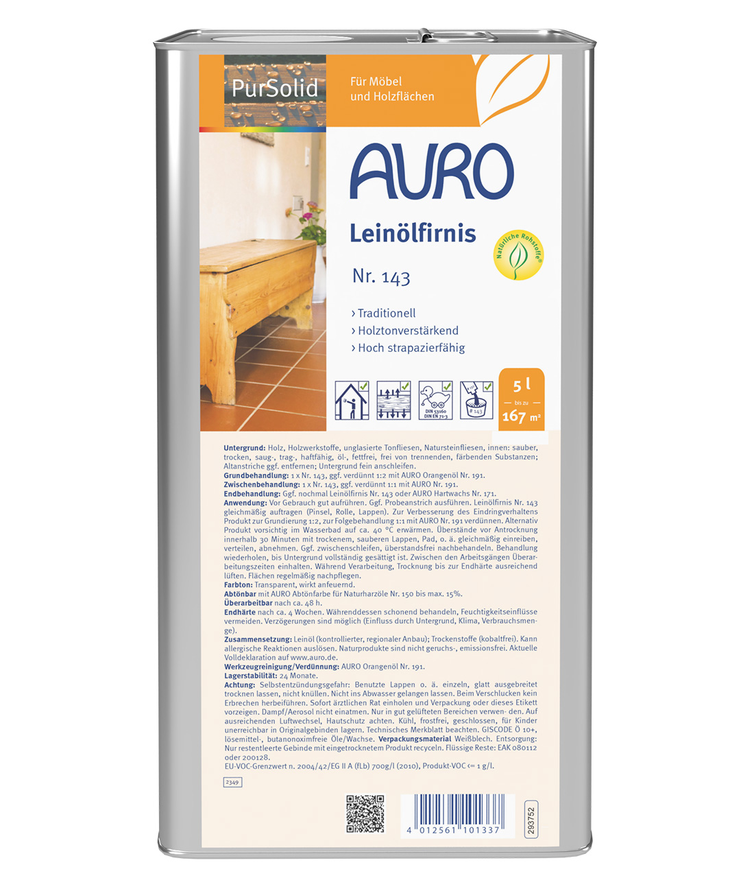 AURO Leinölfirnis Nr. 143, 5 Liter Kanister, Naturfarben, für Holzflächen