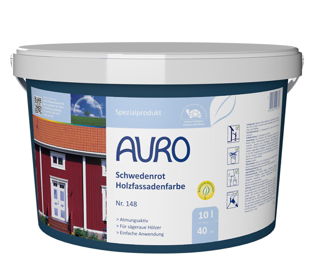 AURO Schwedenrot Holzfassadenfarbe Nr. 148, 10 Liter Gebinde, lösemittelfrei für große Holzfassaden.