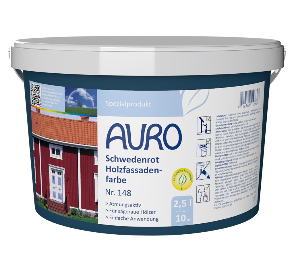 AURO Schwedenrot Holzfassadenfarbe Nr. 148, 2,5 Liter Gebinde, lösemittelfrei für Holzfassaden.