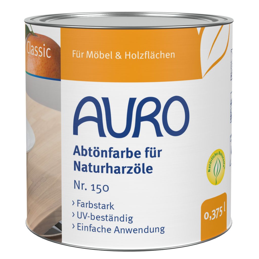 AURO Abtönfarbe für Naturharzöle Nr. 150, 0,375 Liter Dose, naturbasierte Farbe mit Etikett.