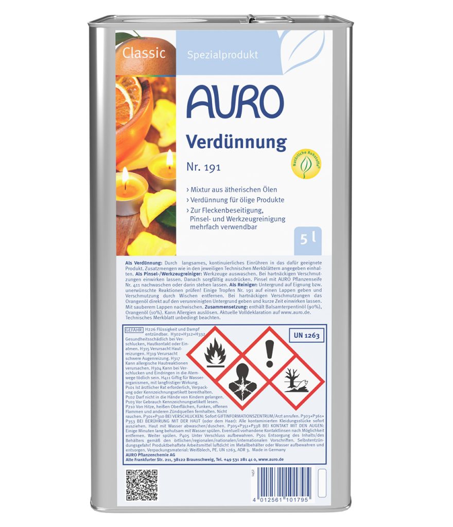 AURO Verdünnung Nr. 191, 5 Liter Kanister mit hellblauen Label und Schraubverschluss.