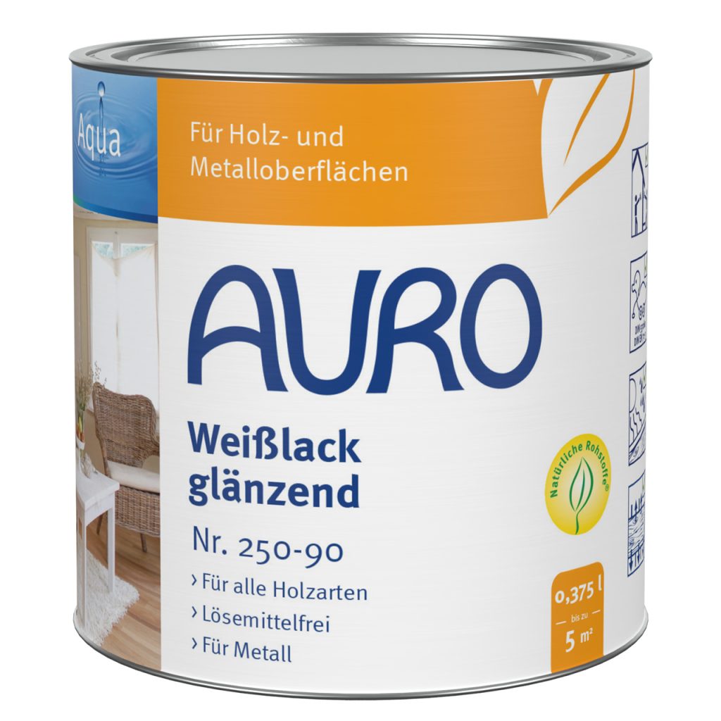 AURO Weißlack glänzend Aqua Nr. 250-90 in 0,375-Liter-Dose mit Produktlabel.