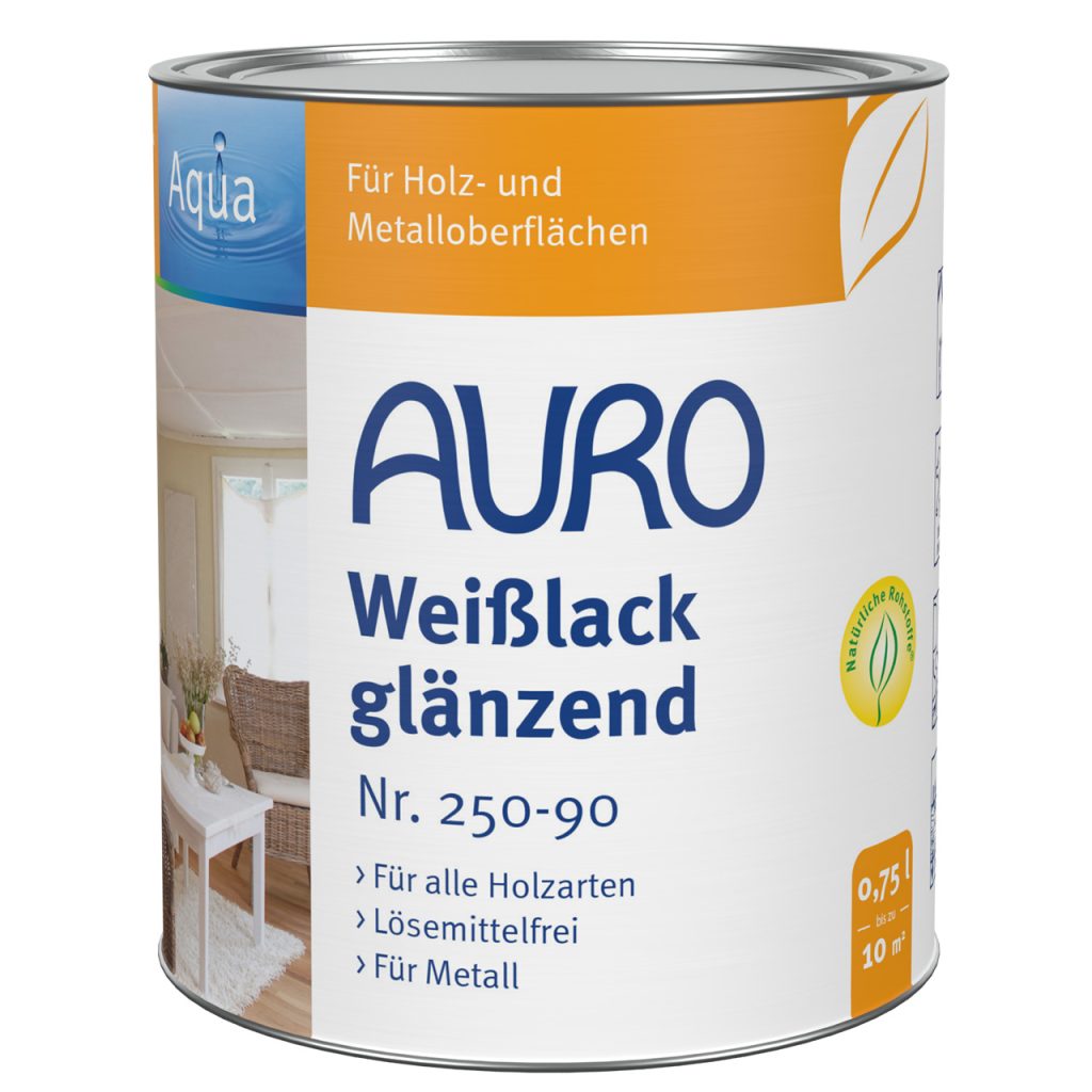 AURO Weißlack glänzend Aqua Nr. 250-90 in 0,75-Liter-Dose mit Siegeln und Label.