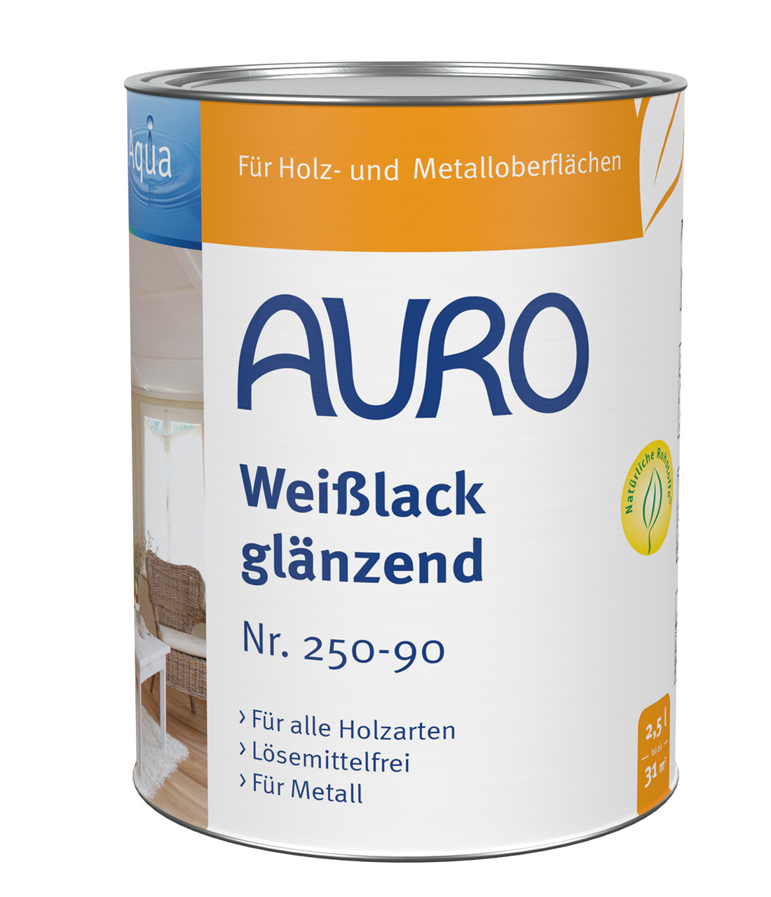 AURO Weißlack glänzend Aqua Nr. 250-90 in 2,5-Liter-Dose mit Produktlabels und Siegeln.