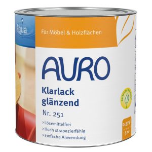 AURO Klarlack glänzend Nr. 251, 0,375 Liter Dose, naturfarbenes Label, lösemittelfrei.