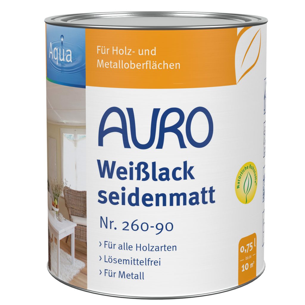 AURO Weißlack seidenmatt Aqua Nr. 260-90, 0,75 Liter Dose, lösemittelfrei für Innenanstriche