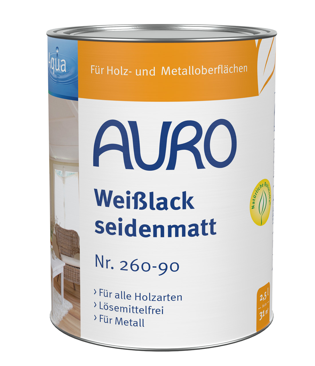 AURO Weißlack seidenmatt Aqua Nr. 260-90, 2,5 Liter Dose, mit Bio-Siegel für Holz und Metall