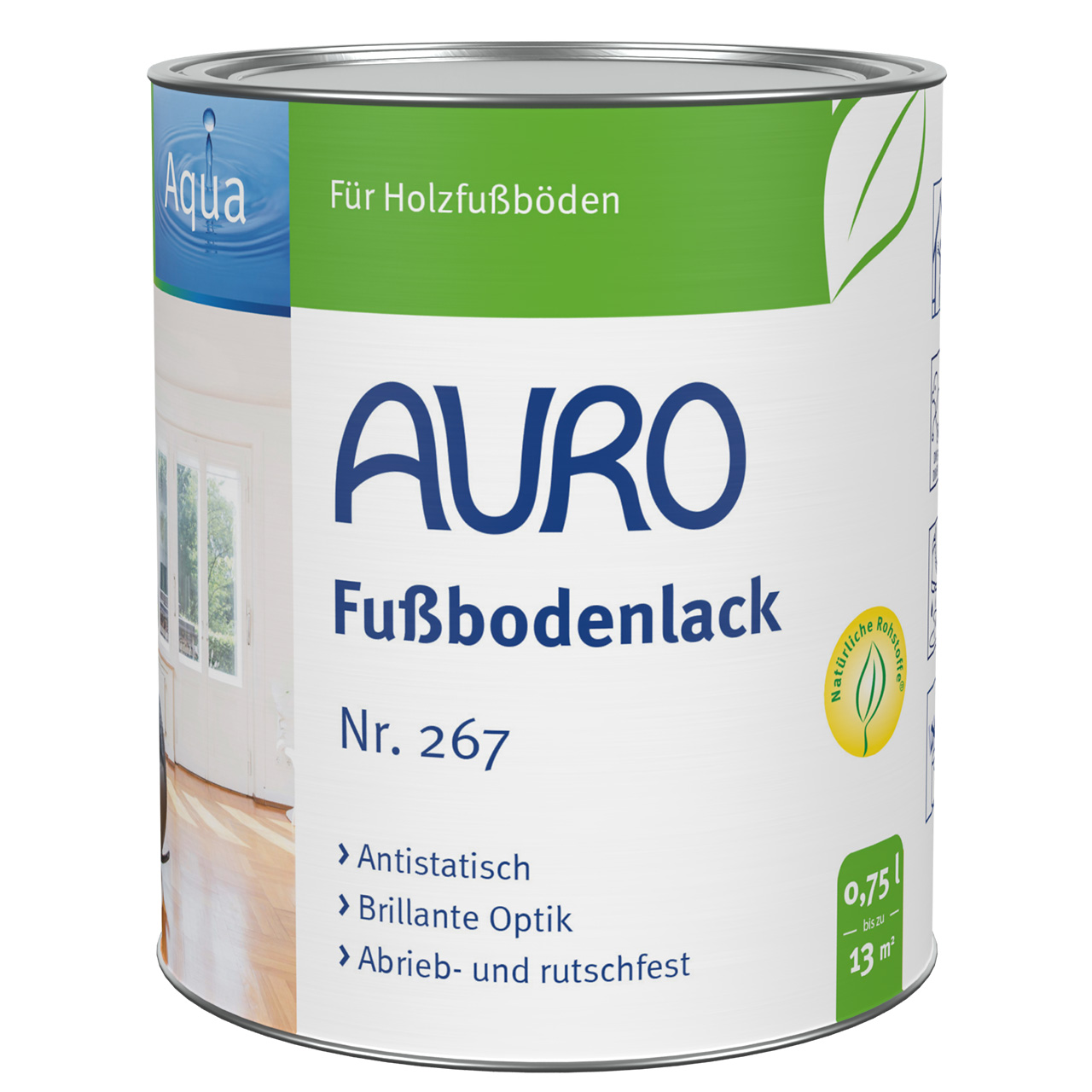 AURO Fußbodenlack Nr. 267, 0,75 Liter Dose, lösemittelfrei, transparenter Holzlack für Holzfußböden