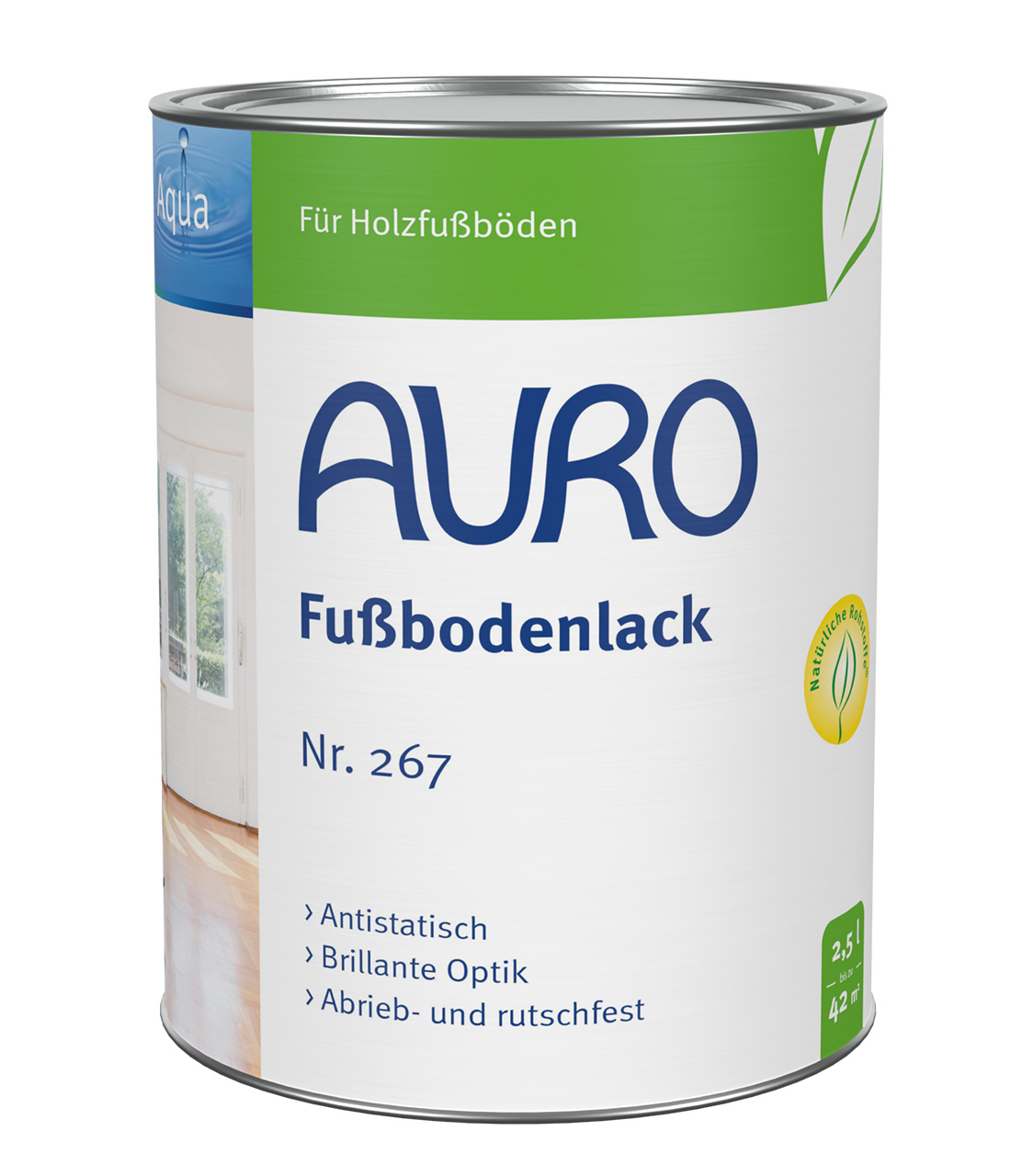 AURO Fußbodenlack Nr. 267, 2,5 Liter Dose, lösemittelfrei, transparenter Schutzlack für Holzfußböden