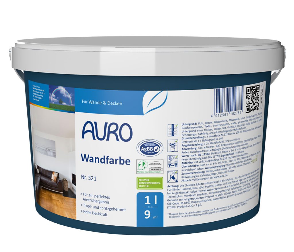 AURO Wandfarbe Nr. 321, 1 Liter Gebinde, matt-weiß, mit sichtbarem REPLEBIN®-Label
