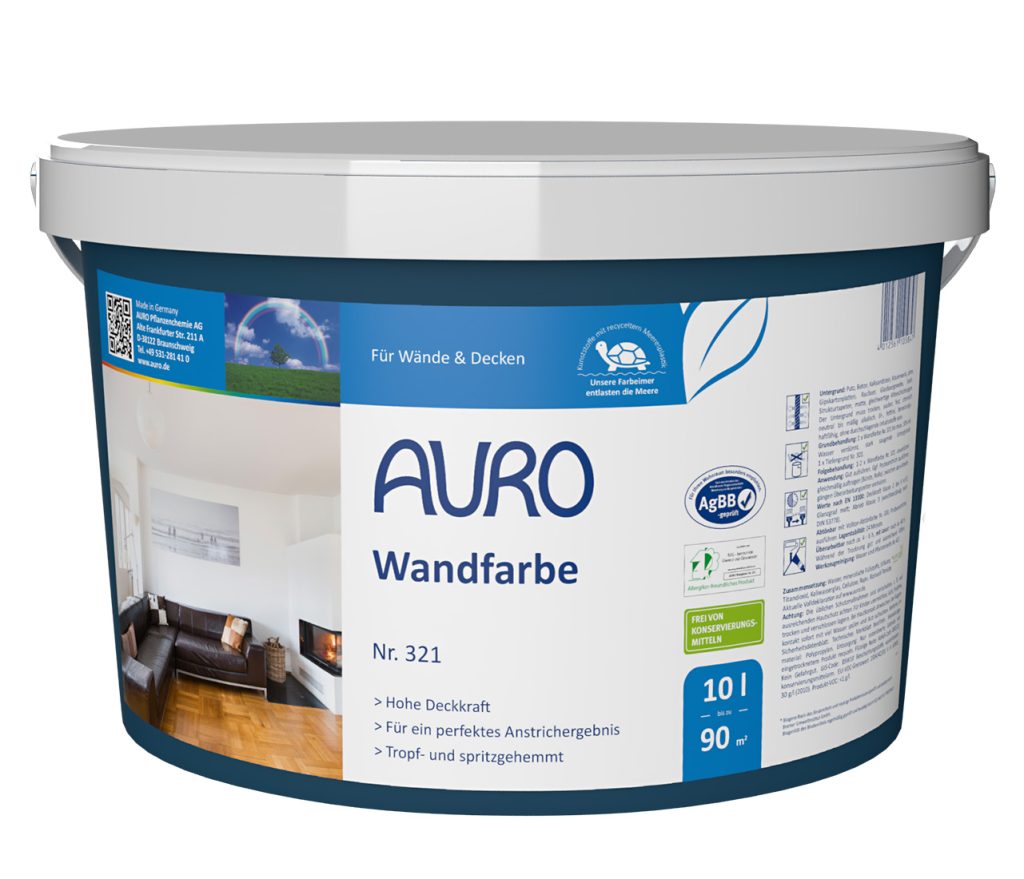 AURO Wandfarbe Nr. 321, 10 Liter Gebinde, mit Umweltzertifikat und biogenem REPLEBIN®-Hinweis