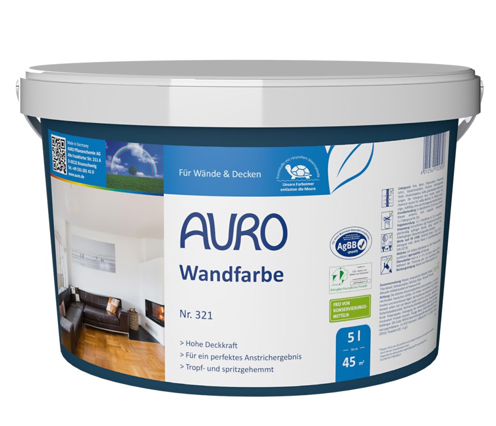 AURO Wandfarbe Nr. 321, 5 Liter Gebinde, mit Testsiegel „Gut“ und matt-weißer Deckkraftangabe