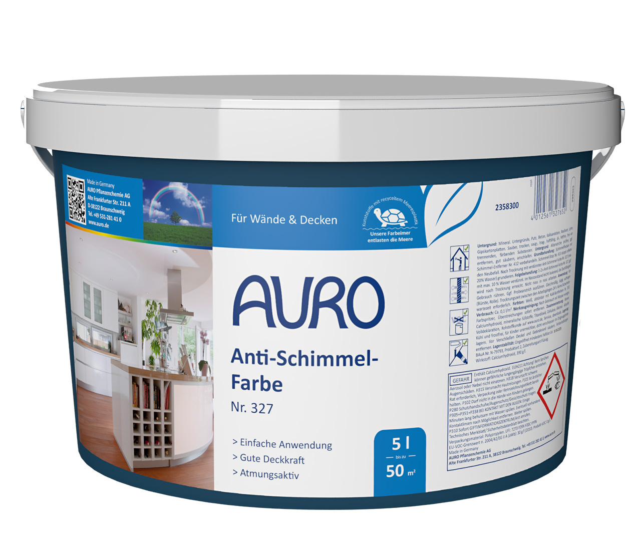 AURO Anti-Schimmel-Farbe Nr. 327 im 5-Liter-Gebinde, weiß, mit detailliertem Label und Anwendungshinweisen