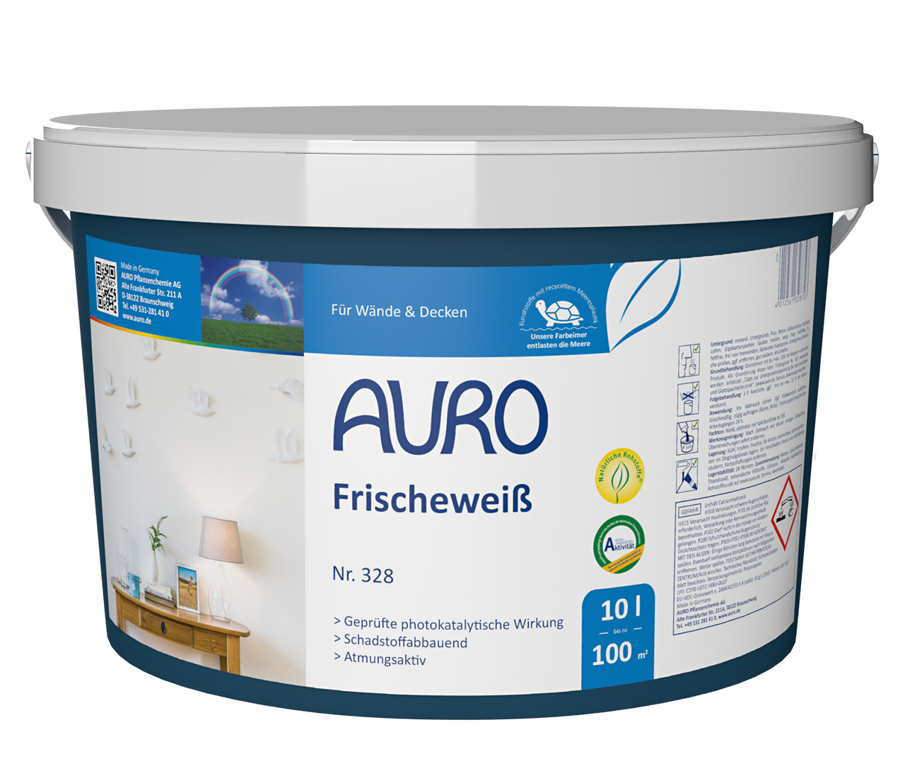 AURO Frischeweiß Nr. 328, 10-Liter-Gebinde, natürliche Wandfarbe mit Labels und Test-Siegel