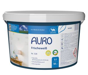 AURO Frischeweiß Nr. 328, 5-Liter-Gebinde, natürliche Wandfarbe mit Siegel und Label sichtbar
