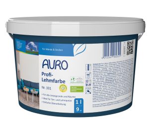 AURO Profi-Lehmfarbe Nr. 331 in 1 Liter Gebinde, Produkt mit Label und REPLEBIN®-Kennzeichnung