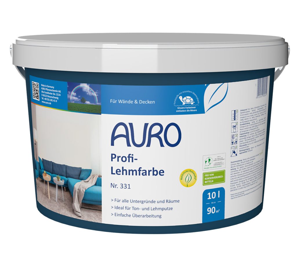 AURO Profi-Lehmfarbe Nr. 331 in 10 Liter Gebinde, mit REPLEBIN®-Siegel und Produktkennzeichnung