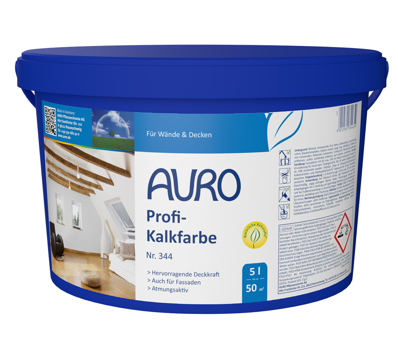 AURO Profi-Kalkfarbe Nr. 344, 5 Liter Gebinde mit Sumpfkalk-Label für Innenbereich, weiß