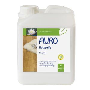 AURO Holzseife Nr. 403 im 2 Liter Kanister mit weißem Etikett für helle Holzböden