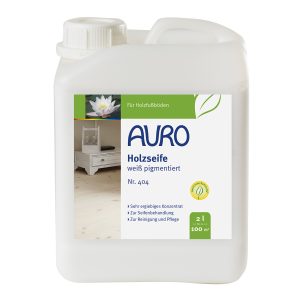 AURO Holzseife-Weiß pigmentiert Nr. 404 im 2 Liter Kanister mit weißem Etikett für helle Holzfußböden