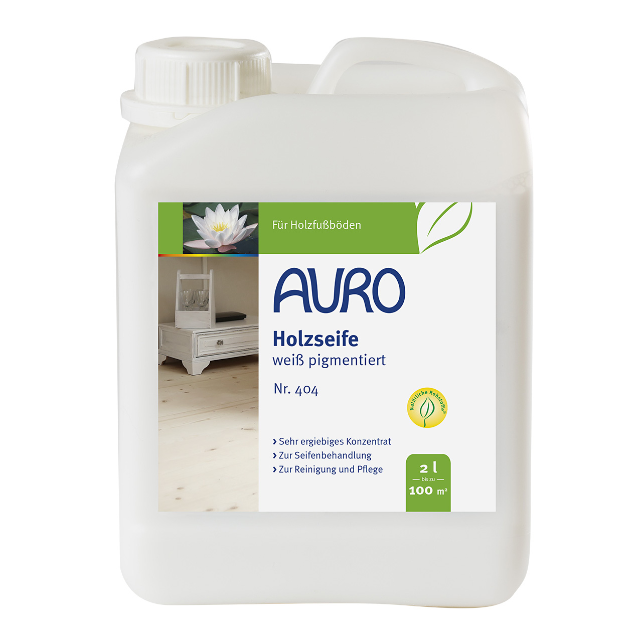 AURO Holzseife-Weiß pigmentiert Nr. 404 im 2 Liter Kanister mit weißem Etikett für helle Holzfußböden