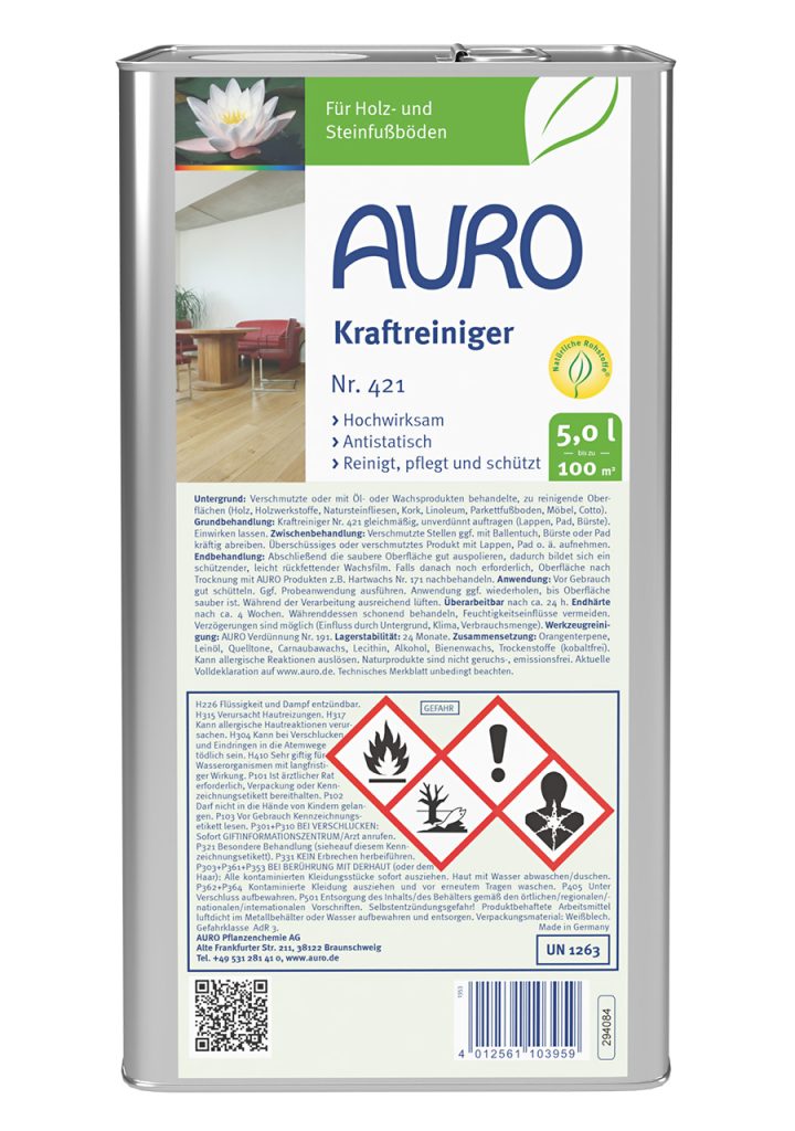 AURO Kraftreiniger Nr. 421 in 5 Liter Kanister mit weißem Etikett – kraftvoller Reiniger für stark verschmutzte Böden.