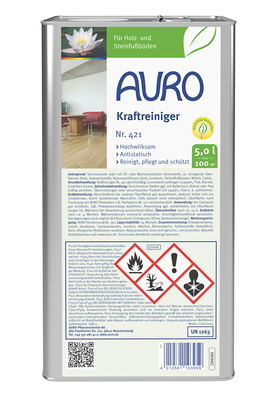 AURO Kraftreiniger Nr. 421 in 5 Liter Kanister mit weißem Etikett – kraftvoller Reiniger für stark verschmutzte Böden.
