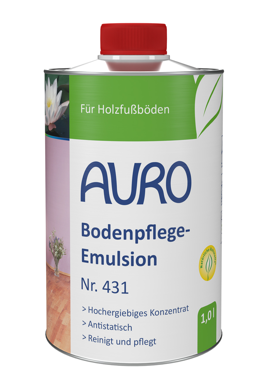 AURO Bodenpflege-Emulsion Nr. 431 in 1 Liter Blechflasche mit weißem Etikett für geölte Fußböden