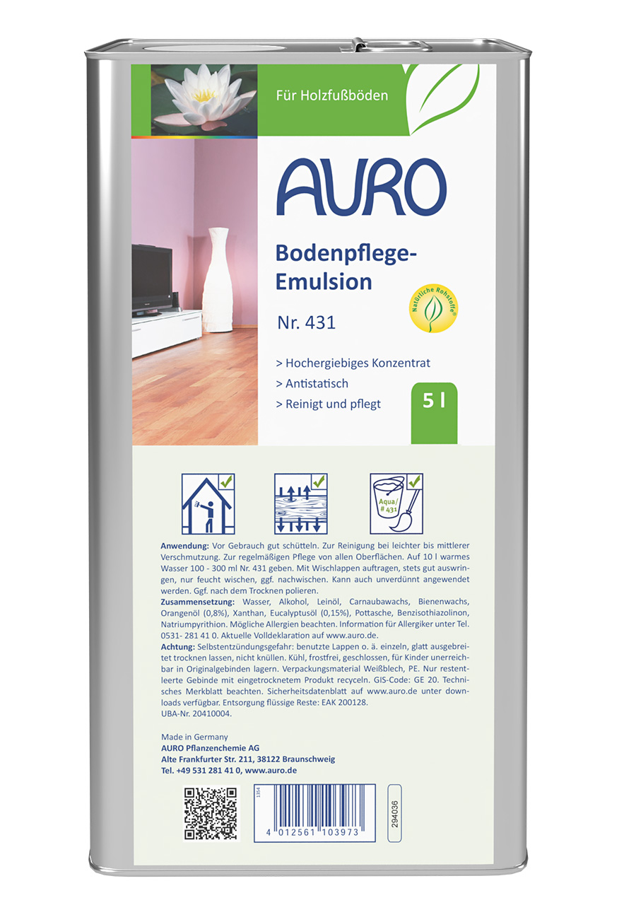 AURO Bodenpflege-Emulsion Nr. 431 im 5 Liter Kanister mit weißem Etikett für geölte Holzfußböden