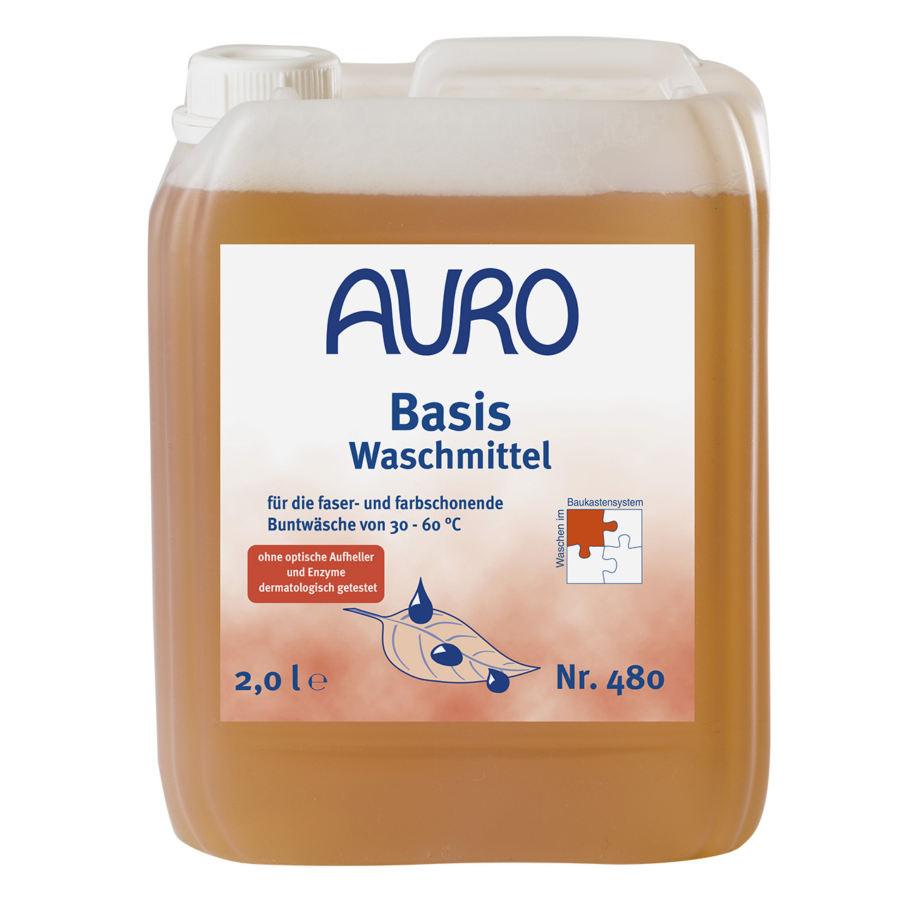 AURO Basis-Waschmittel Nr. 480 im 2 Liter Kanister mit weißem Etikett und dermatologisch getestetem Siegel